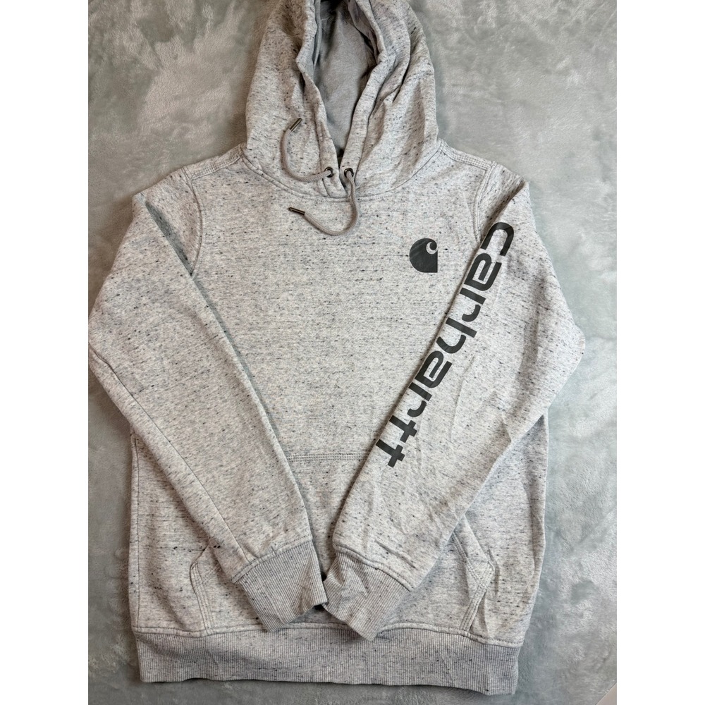 CARHARTT Womens M 8 10 Gray Speckled Relaxed Fit Logo Sleeve Pullover Hoodie